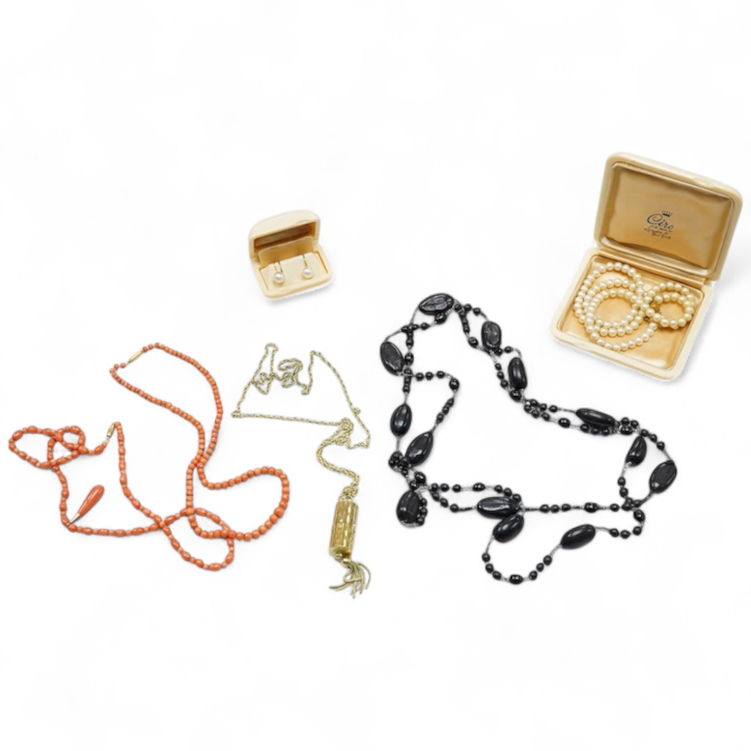 Two coral necklaces and a group of costume jewels, comprising: two coral bead necklaces, each with a gold clasp, combined gross weight approximately 35 grams; together with a simulant pearl necklace and pair of earrings